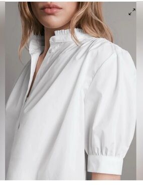 Rag & Bone Jordan Cotton Button Front Pleated Short Sleeve Shirt Ruffle Collar L